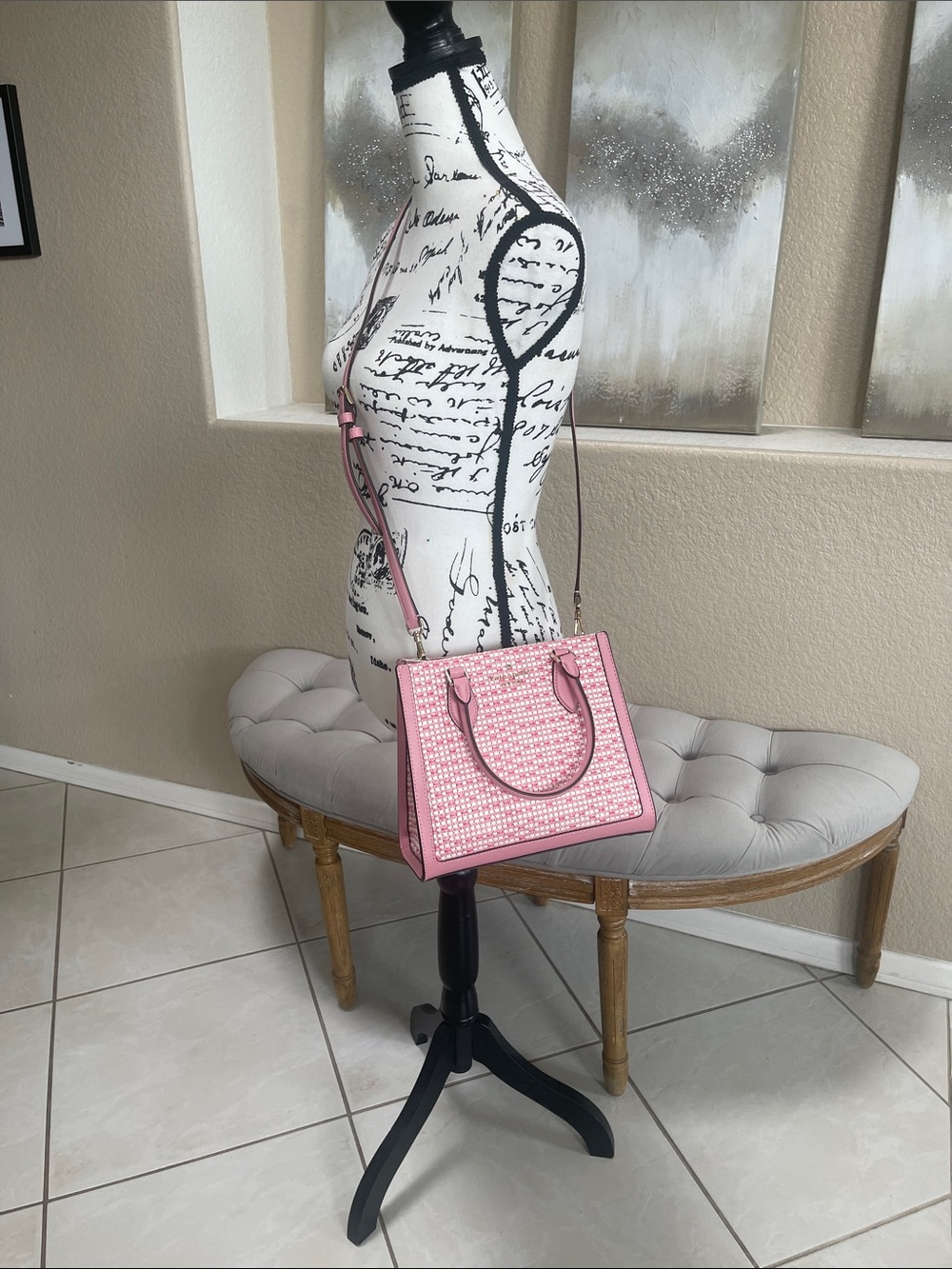 kate spade Pink and Cream Woven Top-Handle Satchel with Crossbody Strap - Picture 7 of 11